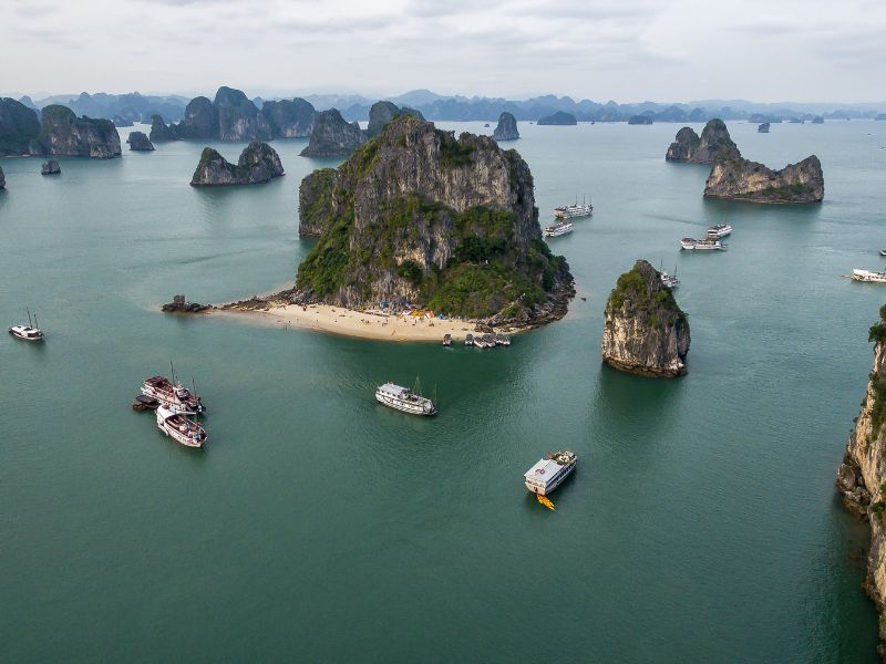 Halong Bay is a UNESCO World Heritage Site located in the Gulf of Tonkin in Vietnam